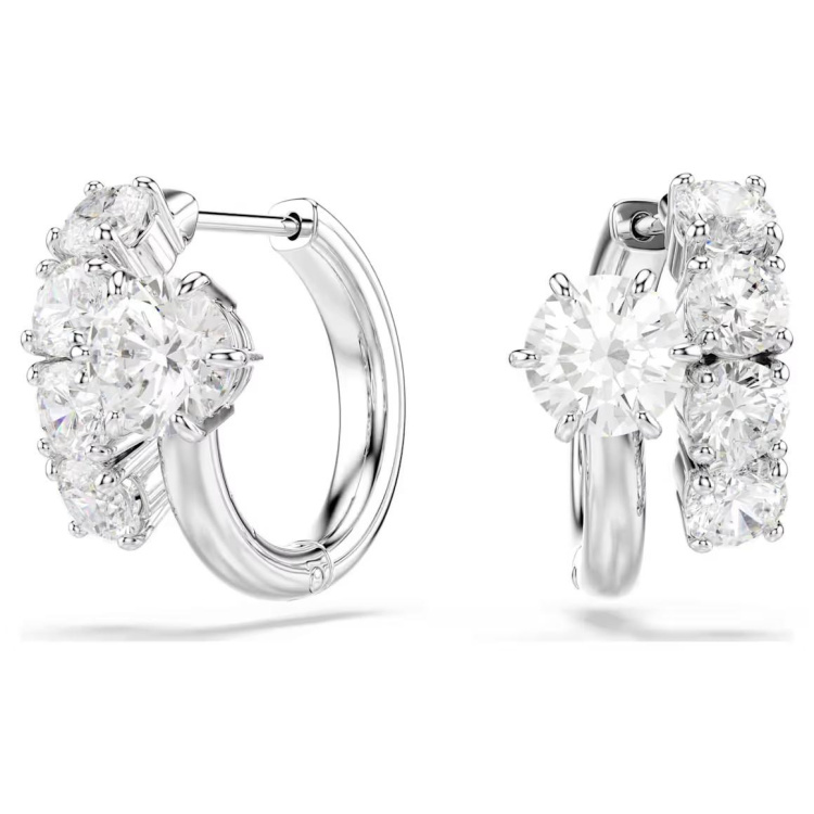 Matrix hoop earrings Round cut, White, Rhodium plated